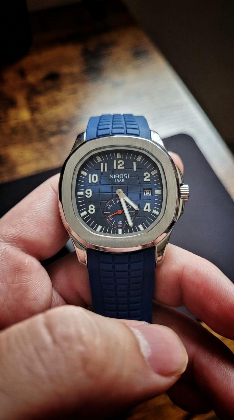 Relógio Nibosi Aquanaut Azul na mão, detalhe do mostrador
